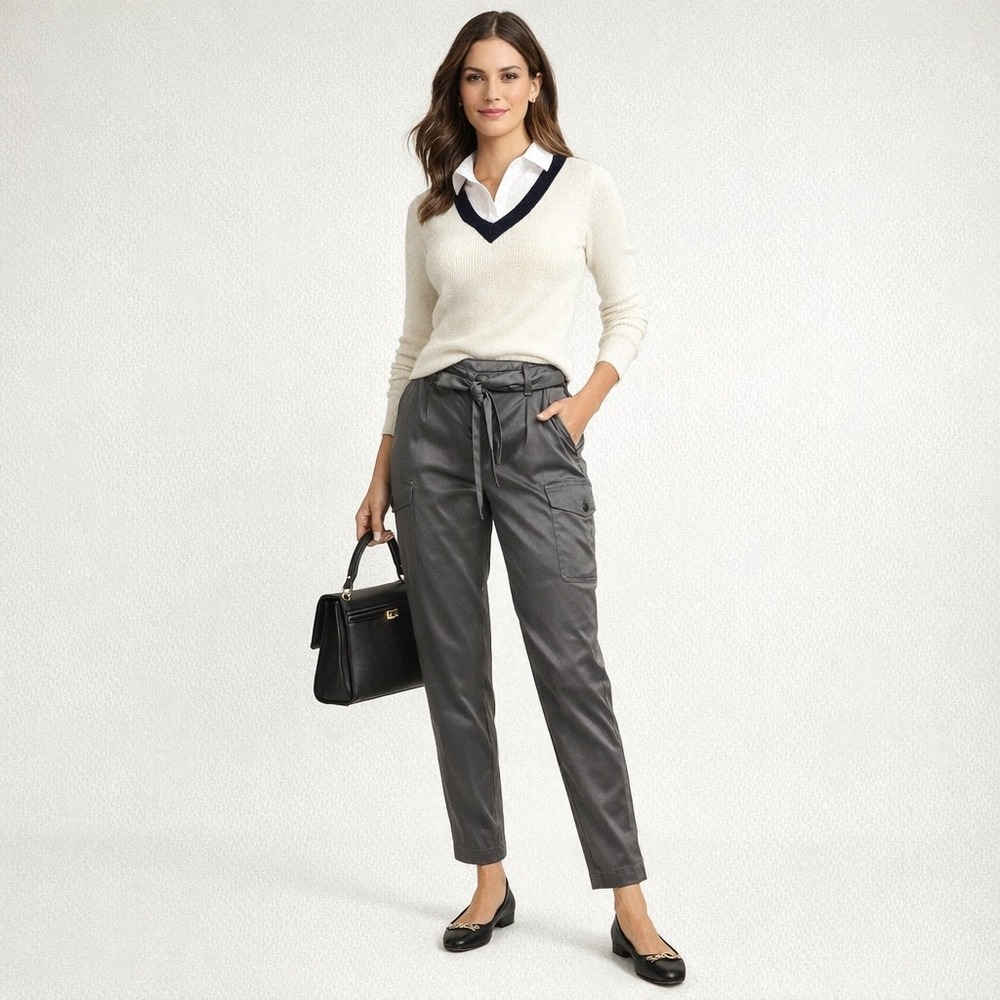 New White House Black Market Cargo Pants Womens HR 8L Grey Satin Tapered Ankle‎